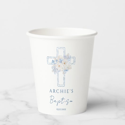 Gobelets En Papier Baptême croix florale bleue (Recto)