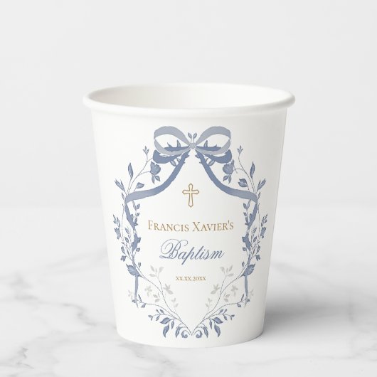 Gobelets En Papier Baptême élégant arc bleu (Verso)