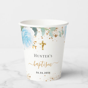Gobelets En Papier Baptême eucalyptus bleu clair bébé garçon floral