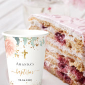 Gobelets En Papier Baptême eucalyptus rose floral fille rose or