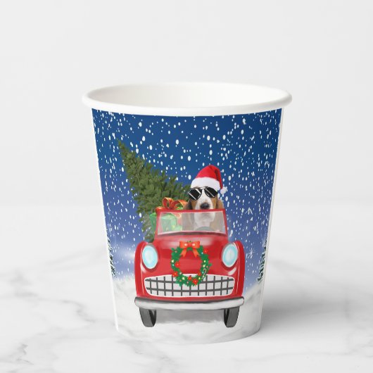 Gobelets En Papier Basset Hound Chien Conduite Voiture En Noël De Nei (Verso)