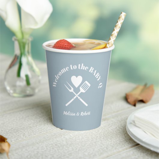 Gobelets En Papier BBQ Baby shower BABY-Q pour garçon bleu solide mod (Insitu)