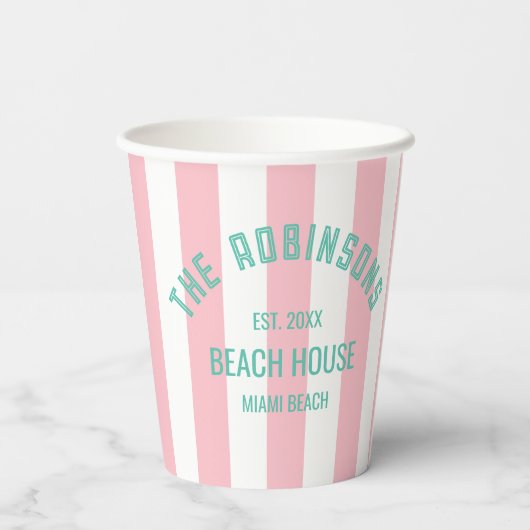 Gobelets En Papier Beach House Nom de famille Pink Cabana Stripe Napk (Verso)