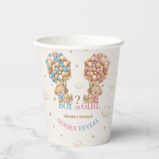 Gobelets En Papier Bear Balloon Boho Rose Bleu Sexe Révélation (Recto)