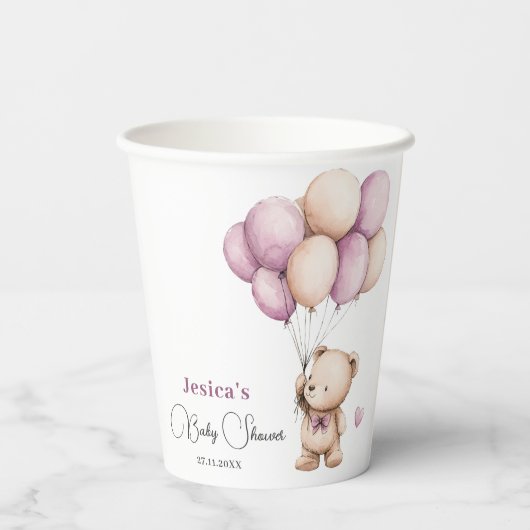 Gobelets En Papier Bear Balloons Pastel Purple Baby shower (Verso)