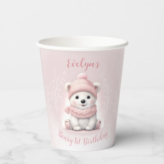 Gobelets En Papier Beary d'hiver 1er anniversaire Ours rose (Verso)