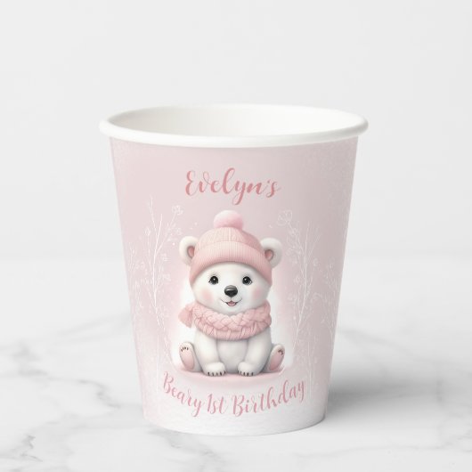 Gobelets En Papier Beary d'hiver 1er anniversaire Ours rose (Recto)