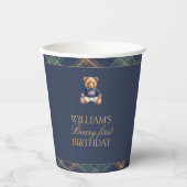 Gobelets En Papier Beary First Navy Plaid Teddy Bear Birthday  (Recto)