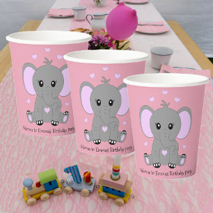 Gobelets En Papier Beau éléphant en rose pour les filles anniversaire