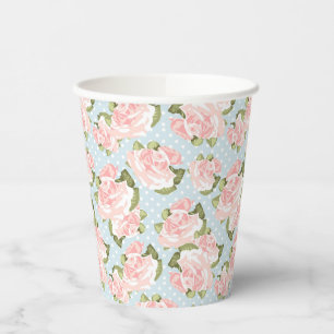 Gobelets En Papier Beau motif rose avec pois bleu