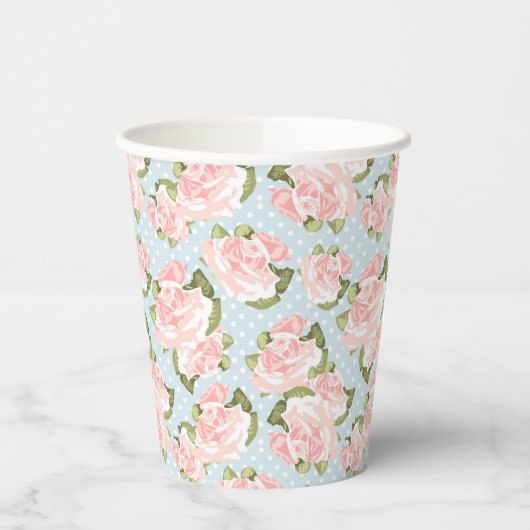 Gobelets En Papier Beau motif rose avec pois bleu (Gauche)