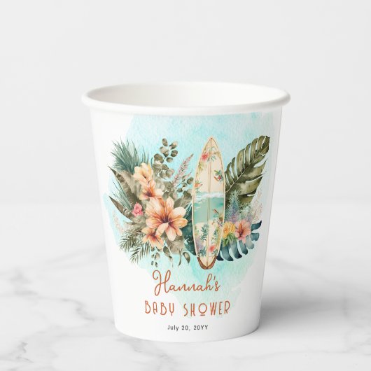 Gobelets En Papier Bébé à bord Surf tropical Baby shower neutre (Verso)