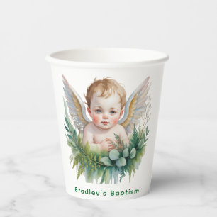Gobelets En Papier Bébé ange à l'aquarelle avec ailes baptême