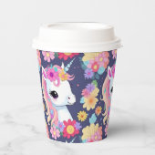 Gobelets En Papier Bébé blanc adorable licorne avec fleurs (Recto)