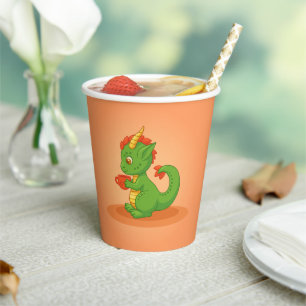 Gobelets En Papier Bébé dragon mignon tenant une tasse sur des gobele