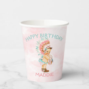 Gobelets En Papier Bébé fille native boho plumes rose poudré aqua