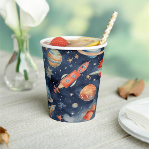 Gobelets En Papier Bébé mignon Espace Planète Aquarelle Bleu Orange