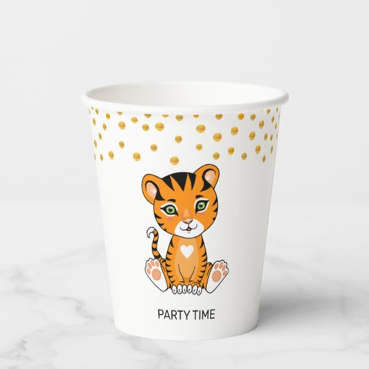 Gobelets En Papier Bébé sauvage Tiger Cartoon & Gold Confetti Party (Verso)