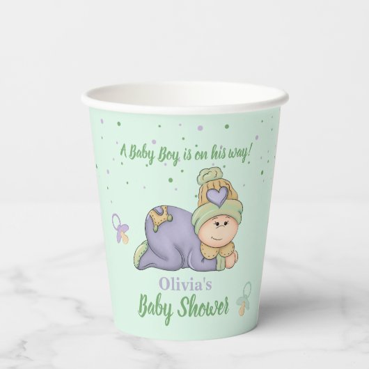 Gobelets En Papier Bébé Snuggle - Baby shower vert & violet (Verso)