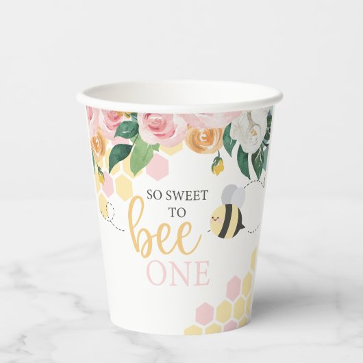 Gobelets En Papier Bee Day Bumblebee 1er anniversaire rose floral (Recto)