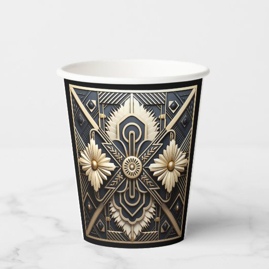 Gobelets En Papier Bel Art Déco Ivoire Crème Or Noir (Recto)