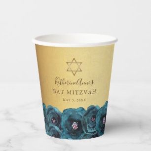 Gobelets En Papier Belle Bat Mitzvah Rose Florale Turquoise Or