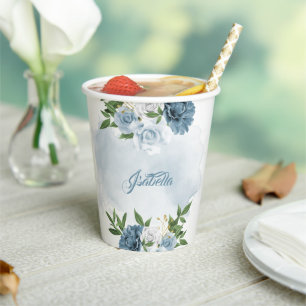 Gobelets En Papier belle couleur bleue fleurs verdure