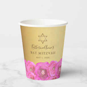 Gobelets En Papier Belle Rose Élégante Fleur Bat Mitzvah Or