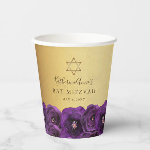 Gobelets En Papier Belle Rose Violette Fleurale Or Bar Mitzvah