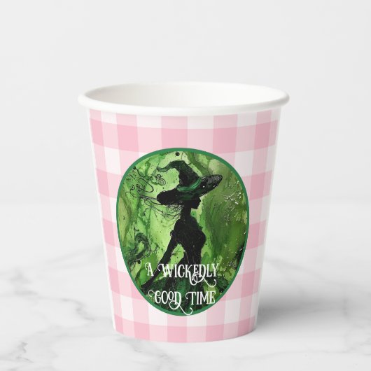 Gobelets En Papier Belle Sorcière Verte & Rose En vichy Plaid (Recto)