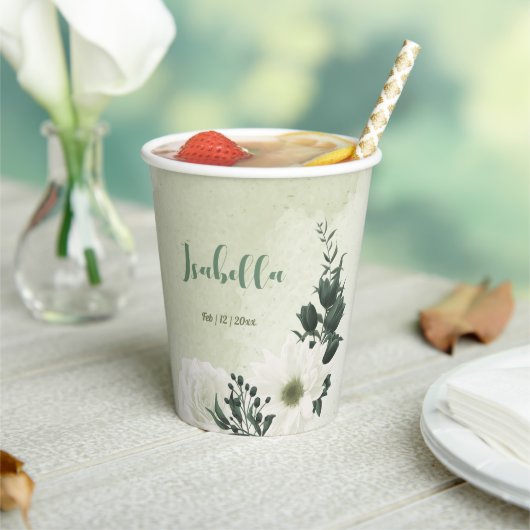 Gobelets En Papier Belles fleurs blanches feuilles vertes  (Insitu)