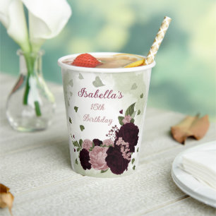 Gobelets En Papier belles fleurs bordeaux rose verdure