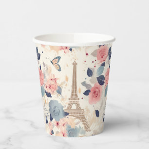 Gobelets En Papier Belles Fleurs et Tour Eiffel Paris