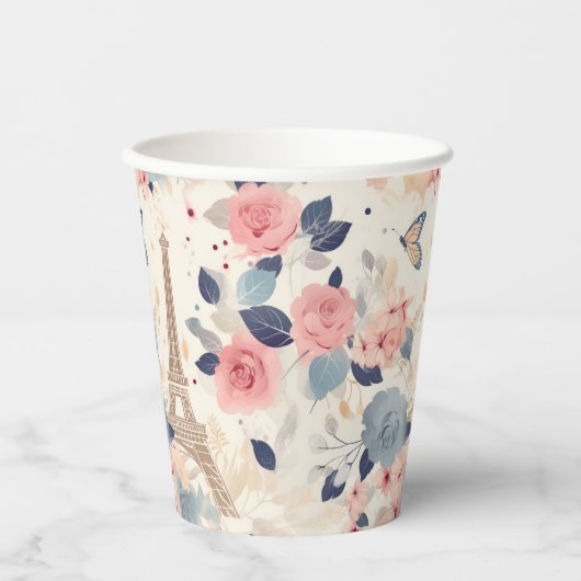 Gobelets En Papier Belles Fleurs et Tour Eiffel Paris (Recto)