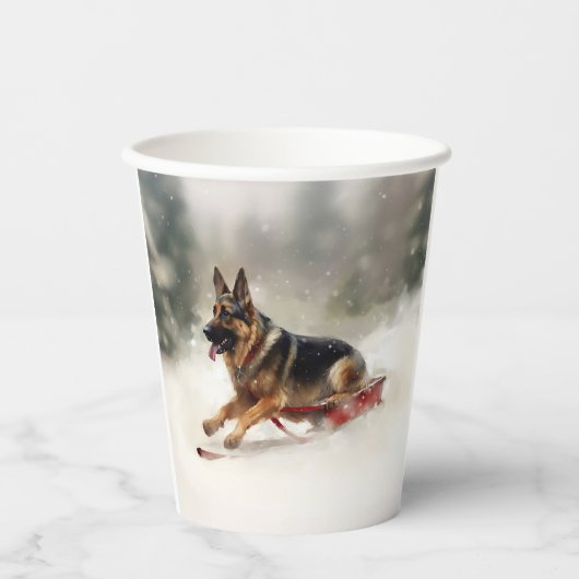 Gobelets En Papier Berger allemand neige de Noël hiver (Recto)