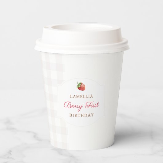 Gobelets En Papier Berry First Strawberry En vichy fête d'anniversair (Verso)
