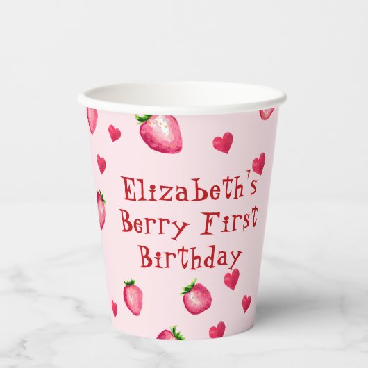 Gobelets En Papier Berry rose Premier Anniversaire Coeurs fraises (Recto)