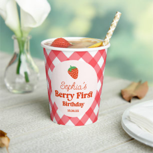 Gobelets En Papier Berry rouge fraise première fête d'anniversaire