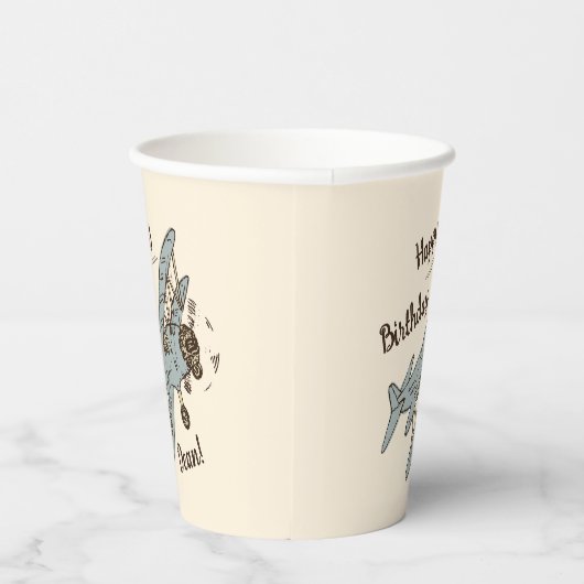 Gobelets En Papier Bi-plans Art Déco - bleu Joyeux Anniversaire + nom (Droite)