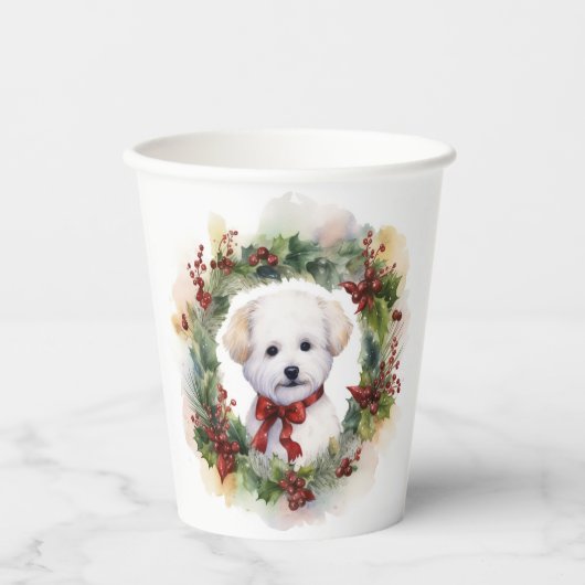 Gobelets En Papier Bichon Frise Wreath Festive Pup (Recto)