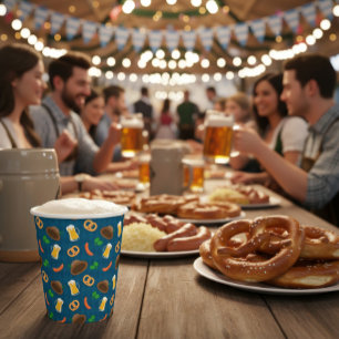 Gobelets En Papier Bière Oktoberfest, papier Motif Pretzel & Saucisse