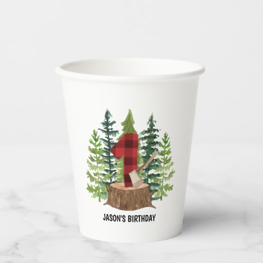 Gobelets En Papier Bison de bûcheron 1er anniversaire Plaid (Recto)