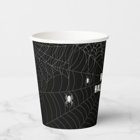 Gobelets En Papier Black and White Spider Web Happy Halloween (Recto)