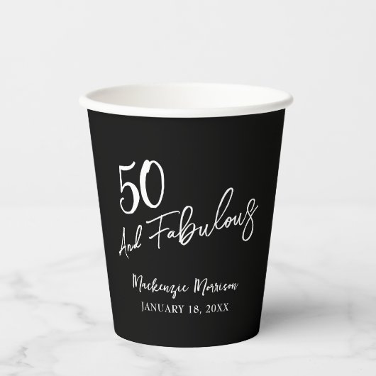 Gobelets En Papier Black Fifty and Fabulous Script Birthday Party (Recto)