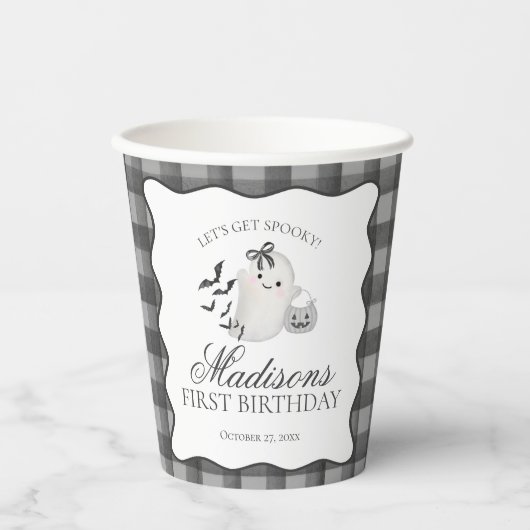 Gobelets En Papier Black Gingham Little Boo Ghost Birthday Coffee (Recto)