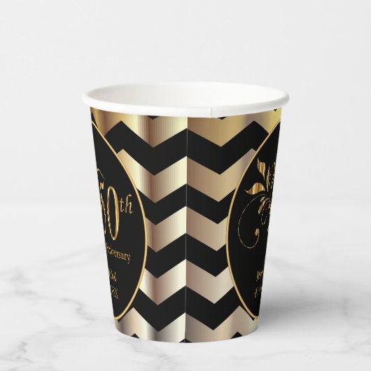 Gobelets En Papier Black & Gold Chevron 50e anniversaire de Mariage (Droite)