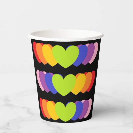 Gobelets En Papier Black Party Boire des tasses avec Rainbow Hearts (Recto)