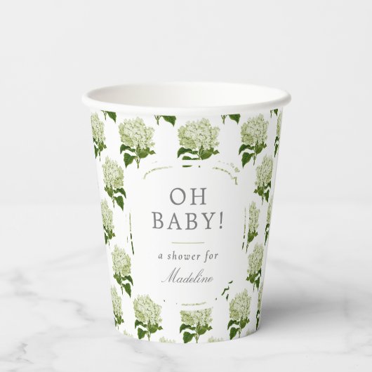Gobelets En Papier Blanc Lumière Vert Hydrangea Motif Oh Baby shower (Verso)