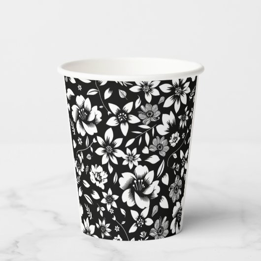 Gobelets En Papier Blanc noir Feuilles floraux modernes soufflant (Verso)