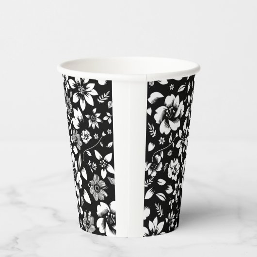 Gobelets En Papier Blanc noir Feuilles floraux modernes soufflant (Droite)